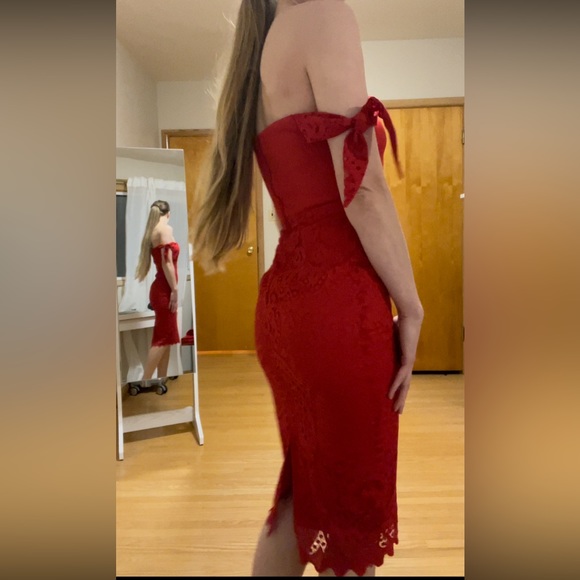 Red Lace Off-the-Shoulder Dress - Picture 3 of 8